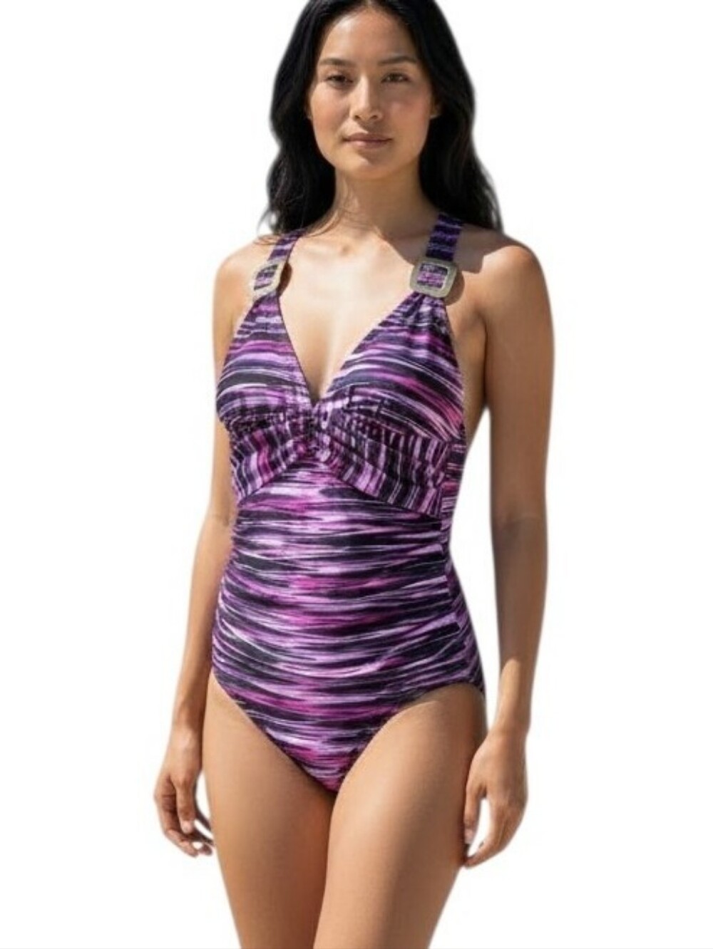 Catalina Purple Striped One-Piece Swimsuit Striped M Summer Beach Swim Athletic